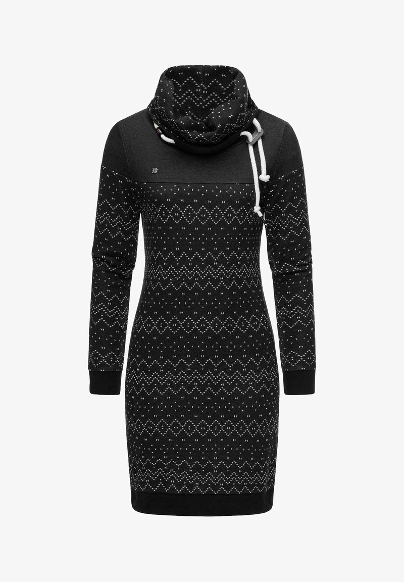 Robe noire avec un col bénitier, ornée de motifs géométriques blancs. Manches longues et poignets côtelés complètent le design ajusté.