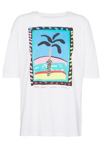 Camiseta de algodón blanca con un gráfico colorido de una palmera en la playa, enmarcado con un diseño audaz y marcado con "Pete Jeans London - 1993."