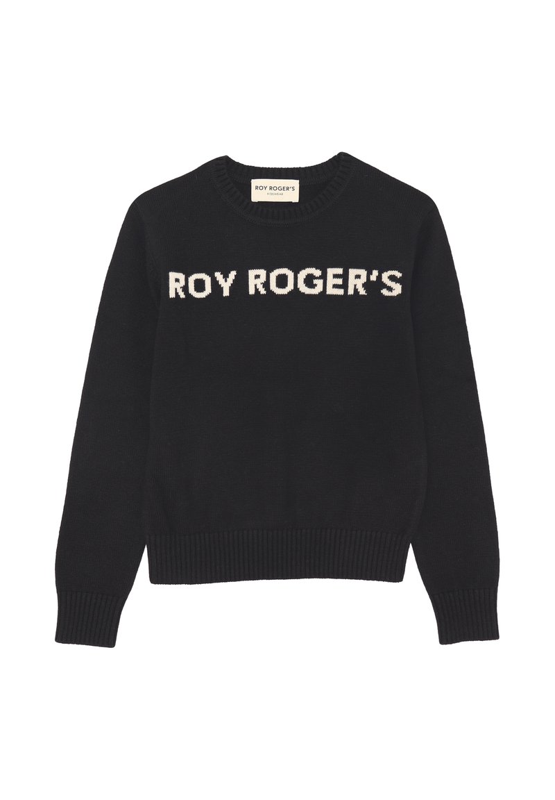 Maglione nero a maglia con la scritta “ROY ROGER’S” in bianco sul davanti. Collo arrotondato e polsini e orlo a costina. Texture morbida.