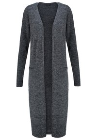Lång mörkgrå öppenstickad cardigan med långa ärmar och frampocketar, som går ner under knäet.