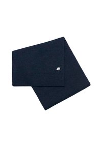 Sciarpa azzurra scura a maglia realizzata con tessuto morbido; presenta un logo su un lato. Forma rettangolare con texture uniforme su tutta la superficie.