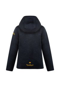 Marinblå huvtröja i texturerad tyg, med en broderad gul paraplylogga på nedre delen av ryggen och varumärkestryck på ärmen.
