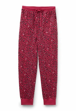 Leopardprint pyjamabroek in diep roze met een trekkoord in de taille, geribde boorden en een zachte textuur. Het patroon bevat zwarte en lichtroze vlekken.