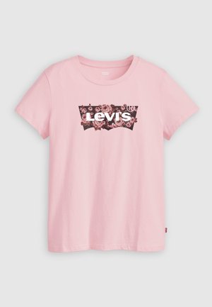 T-shirt en coton rose avec un design de logo floral noir et le texte "Levi's" en blanc, à manches courtes et avec un col rond.