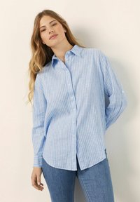 Camicia azzurra a maniche lunghe con righe verticali bianche, colletto con bottoni e orlo arrotondato. Abbinata a jeans blu.