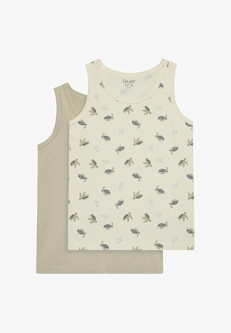 Deux hauts sans manches pour tout-petit, un beige et un blanc cassé avec un petit motif de tortue, taille 100 pour les enfants de 3 à 4 ans.