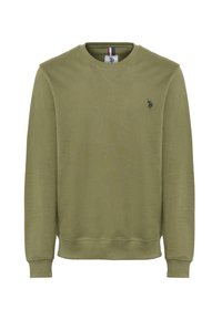Felpa verde oliva con collo tondo, polsini e orlo a costine. Presenta un logo ricamato discreto sul petto e un colletto a banda.