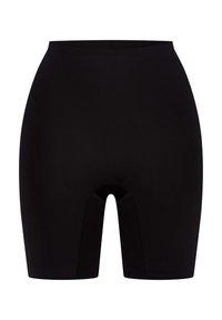 Shorts neri a vita alta in tessuto elasticizzato, caratterizzati da una superficie liscia e lunghezza a metà coscia. Nessun motivo visibile o dettagli in metallo.
