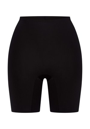 Black high-waisted shorts with a stretchy fabric, featuring a smooth texture and mid-thigh length. No visible patterns or hardware details.