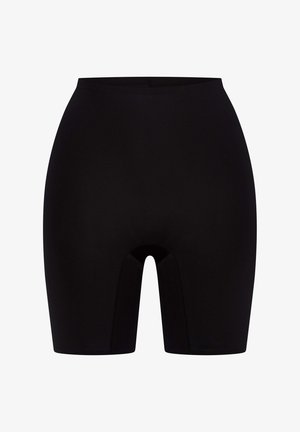 Schwarze hochtaillierte Shorts aus dehnbarem Stoff, mit glatter Textur und mittellanger Beinlänge. Keine sichtbaren Muster oder Hardware-Details.