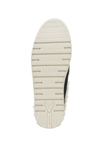 Suola della scarpa in gomma beige chiaro con modelli di grip testurizzati e un leggero design a intaglio; presenta un materiale superiore nero con accenti in lana.