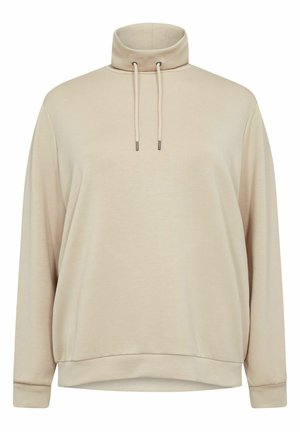 Felpa beige chiaro con colletto alto, cordini regolabili e polsini a coste. Tessuto morbido e liscio con una vestibilità comoda.