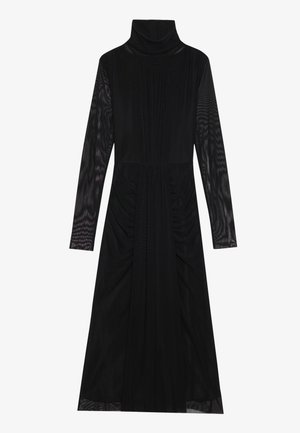 Μαύρο φόρεμα με μακρύ μανίκι και ψηλό λαιμό, με ραμμένα στοιχεία και διαφανή μανίκια, φτιαγμένο από ελαφρύ ύφασμα με απαλή υφή.