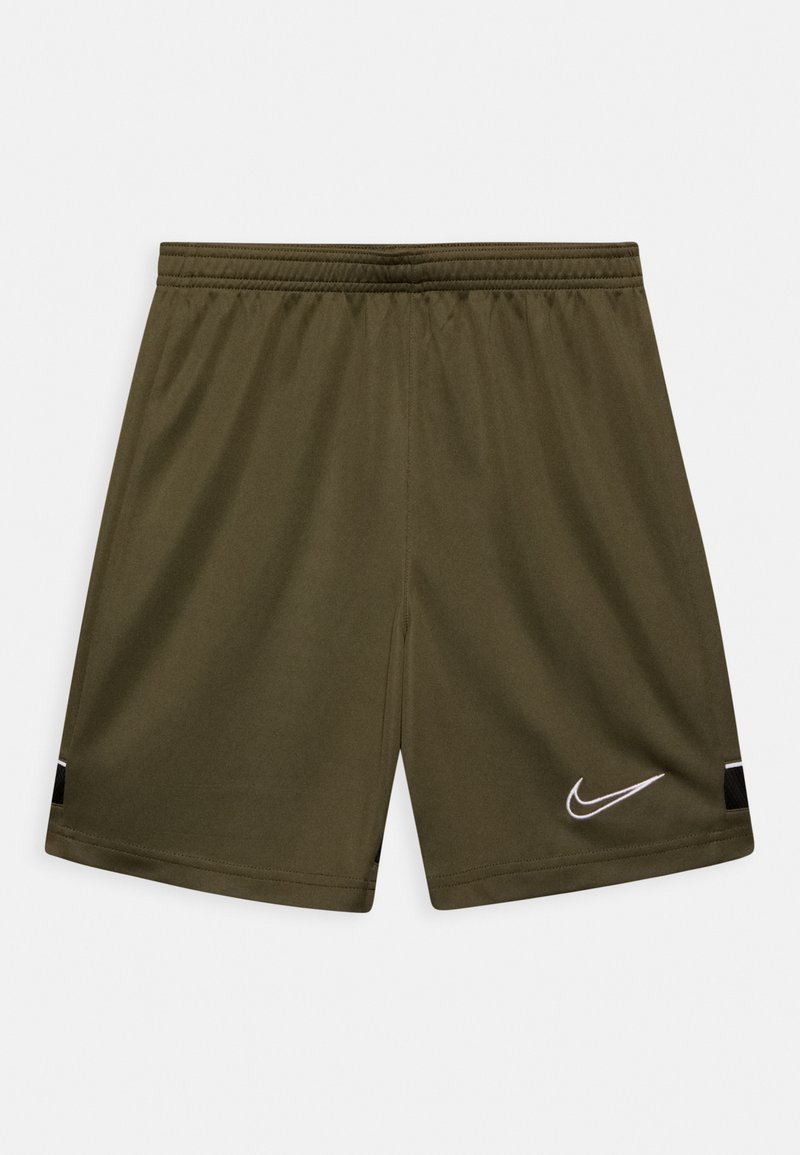 Olivgrön träningsshorts med elastisk midja, svarta sidodetaljer och vitt Nike-swoosh-logotyp på nedre högra ben.