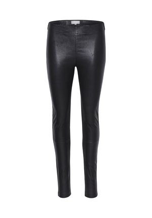 Leggings en cuir noir avec une texture lisse, un design slim-fit et une taille haute. Ne comporte aucune couture visible ni accents en métal.