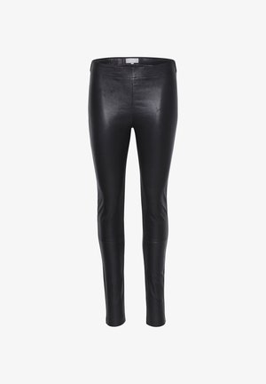 Juodos odinės leginsai su lygiu paviršiumi, aptemptu dizainu ir aukštu liemeniu. Neturi matomų siūlių ar metalinių akcentų.