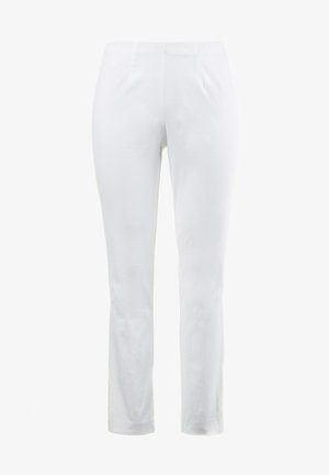 Pantaloni bianchi a gamba dritta realizzati in tessuto leggero, con una vita elasticizzata e due pieghe frontali per un aspetto sartoriale.