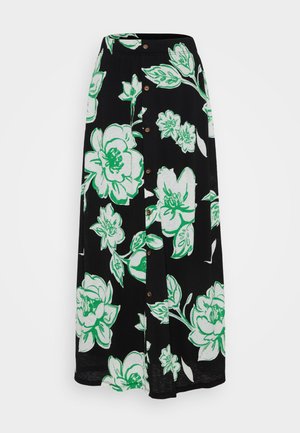 Falda maxi negra con grandes estampados florales en verde y blanco, con un cierre frontal de botones y un acabado de tela texturizada.