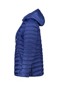 Blauwe pufferjack met capuchon, voorzien van een doorgestikt patroon, zijzakken met rits en ribgebreide manchetten. Lichtgewicht en geïsoleerd ontwerp.