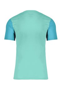 Maglietta sportiva a maniche corte in teal chiaro e blu. Realizzata in tessuto liscio, presenta un design a tinta unita con colletto tondo.