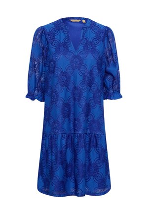 Blue lace dress with short, puffed sleeves, a V-neckline, and floral patterns throughout. Features a layered hem and a relaxed fit.