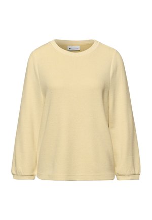 Pull à manches longues de couleur crème avec col rond et poignets côtelés, en tissu tricoté doux.