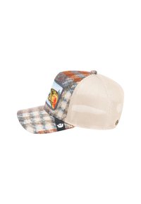 Cotton and mesh baseball cap with a multicolored checkered pattern, beige mesh back, and a decorative patch featuring a fish design.