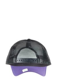 Black mesh cap with a purple bill, featuring a plastic snapback closure, curved brim, and a label on the underside of the brim.