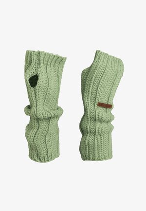 Gehaakte vingerloze handschoenen in lichtgroen, met ribbelstructuur en een open duimopening. Inclusief een geweven labelaccent.