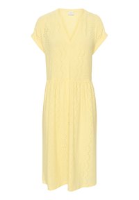 Vestido amarillo de longitud a la rodilla, hecho de una tela ligera, con escote en V, mangas cortas y diseño de ojales con cintura fruncida.