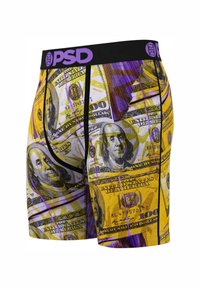 Pánske boxerky s potlačou peňazí v odtieňoch žltej a fialovej. Elastický čierny pás so značkou "PSD". Mäkký materiál.