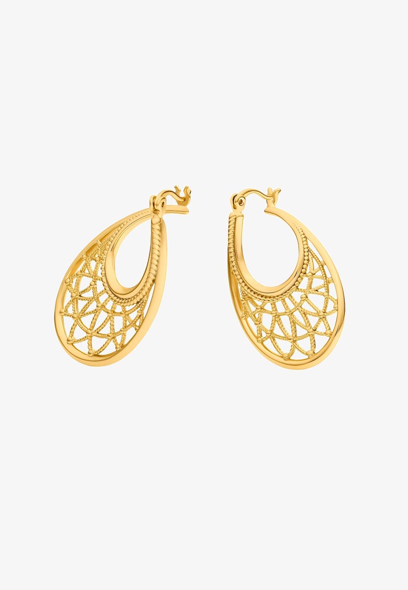 Paire de boucles d'oreilles créoles en or avec un détail complexe de treillis et de style corde, comprenant des fermoirs à charnière pour la fermeture.