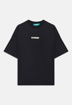 T-shirt nera oversize con il logo "BARROW" e un sorriso che sostituisce la lettera "O" centrato sul petto.