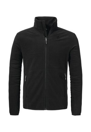 Schwarze Fleecejacke mit hohem Kragen, durchgehendem Reißverschluss, seitlichen Reißverschlusstaschen und strukturiertem Stoff. Verfügt über glatte Nähte und ein minimalistisches Design.