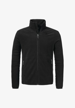 Schwarze Fleecejacke mit hohem Kragen, durchgehendem Reißverschluss, seitlichen Reißverschlusstaschen und strukturiertem Stoff. Verfügt über glatte Nähte und ein minimalistisches Design.