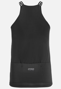 Top da ciclismo nero con tessuto testurizzato, design a collo halter e doppie spalline. Presenta una vita aderente e un logo sull'orlo.
