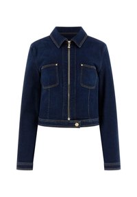 Ciemnoniebieska, przycięta kurtka dżinsowa z przednim zamkiem błyskawicznym, dwoma kieszeniami na piersi, złotymi akcentami oraz kontrastowymi przeszyciami. Posiada klasyczny kołnierz.