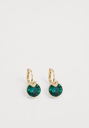 Gold hoop earrings featuring round, deep green crystals with a clear crystal accent. Elegant design with faceted texture and polished finish.