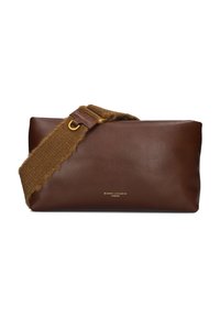 Brown leather crossbody bag with a textured brown fabric strap. Features subtle gold branding on the front. Smooth, minimalist design.