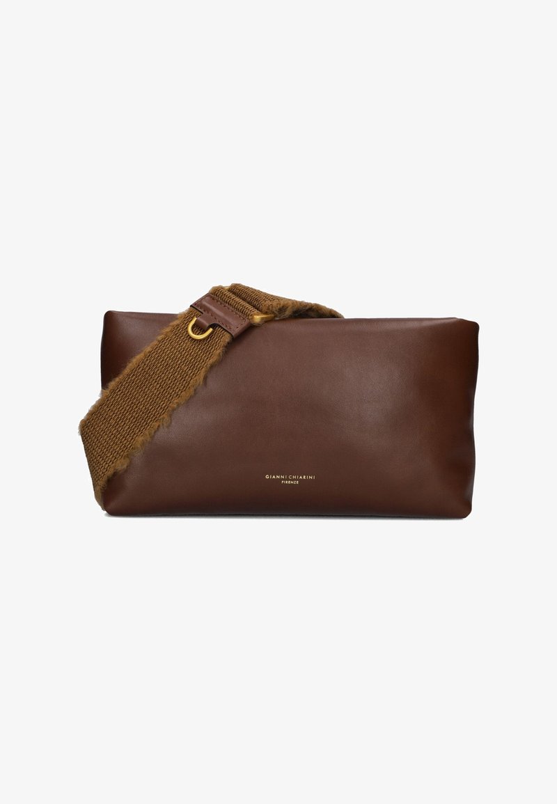 Brown leather crossbody bag with a textured brown fabric strap. Features subtle gold branding on the front. Smooth, minimalist design.