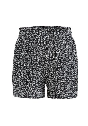 Svarte shorts med hvitt prestekrageblomster mønster og elastisk midjebånd, avslappet stil for bruk i varmt vær.