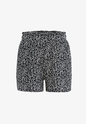 Czarne szorty z białym wzorem stokrotek i elastycznym pasem, casualowy styl na ciepłą pogodę.