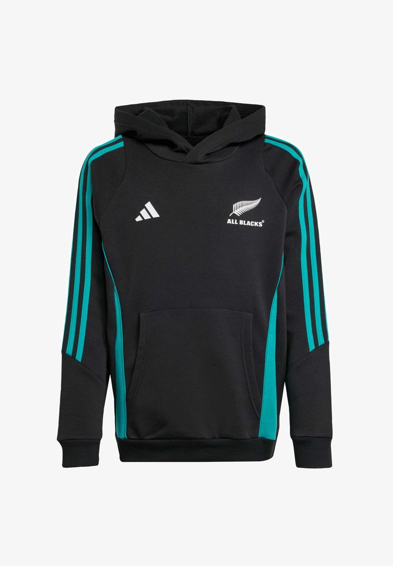 Black hooded sweatshirt with teal stripes, featuring a kangaroo pocket and All Blacks logo. Made of soft fabric, designed for comfort.