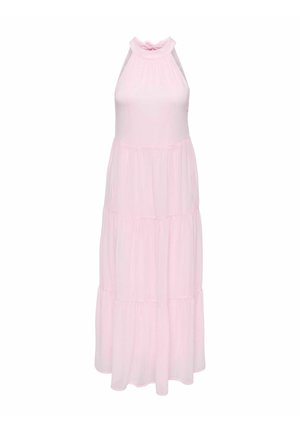 Robe maxi rose clair sans manches avec un col montant et des sections de jupe à volants froncés.