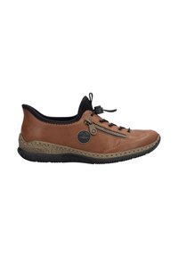 Brown leather sneaker with a black fabric collar, decorative side zipper, and rubber outsole. Features a lightweight design and textured accents.