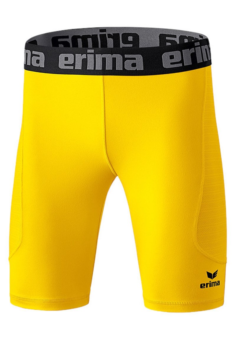 Shorts sportivi gialli con vita elastica nera, con il marchio "erima" stampato in grigio. Tessuto liscio con design aderente.