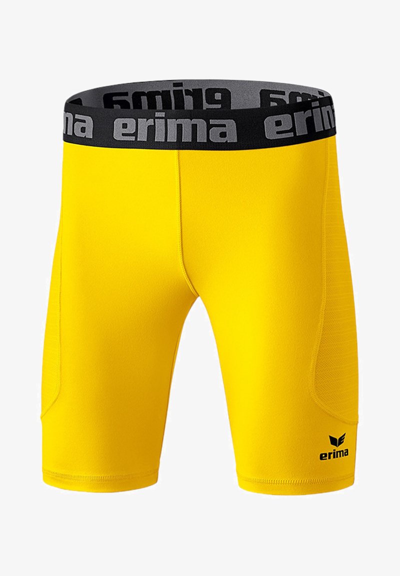 Shorts sportivi gialli con vita elastica nera, con il marchio "erima" stampato in grigio. Tessuto liscio con design aderente.