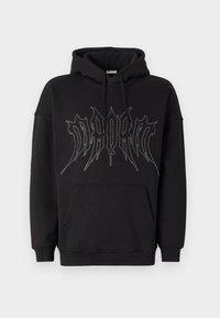 Black hooded sweatshirt made of cotton blend, featuring a large rhinestone graphic on the front and a kangaroo pocket. Soft texture.
