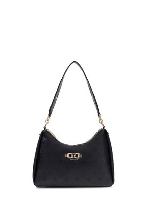 Borsa a tracolla in pelle nera con motivi in rilievo, cerniera color oro e logo centrale in metallo di Guess, caratterizzata da una singola tracolla.