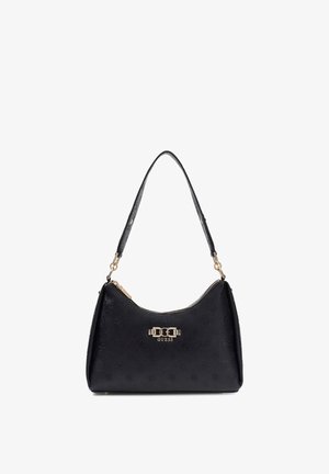 Schwarze Lederschultertasche mit geprägten Mustern, Reißverschluss in Goldoptik und zentralem metallischen Guess-Logo, ausgestattet mit einem einzelnen Riemen.